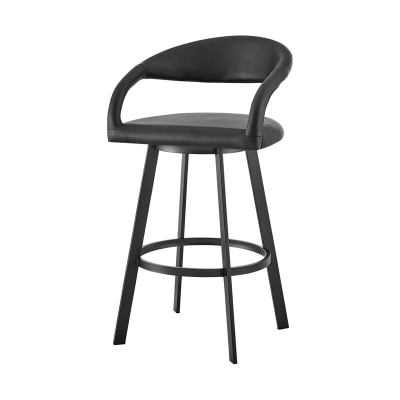 HomeRoots 30" Beige and Black Faux Leather and Iron Low Back Bar Height Swivel Bar Chair