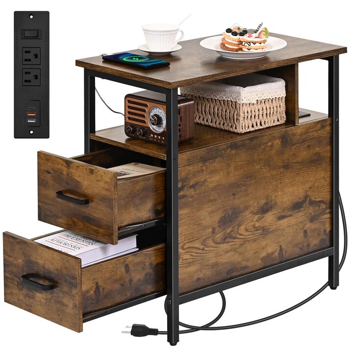Livofloral Side Table, End Tables with Charging Station, Narrow End Table with Wooden Drawers, USB Ports and Power Outlets, Nigh