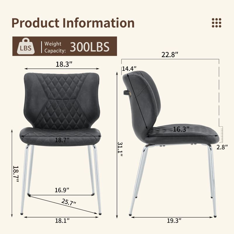 Set of 4 Leather Dining Chairs Square High Back Dining Chairs with Chevron Tufting Retro Dining Chairs with Metal Legs and Back Handle image number 2