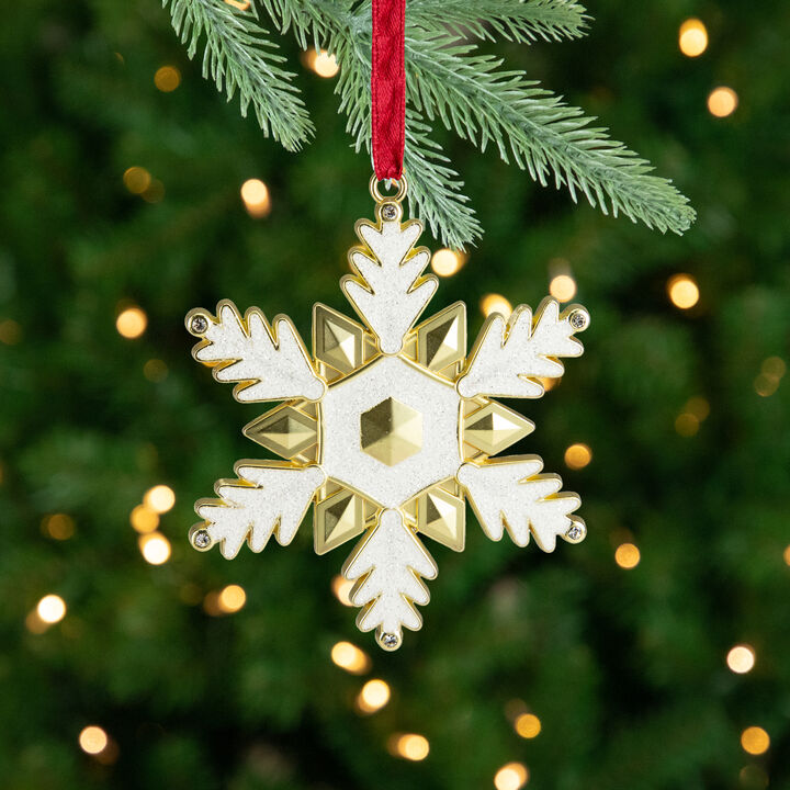 3.5" White Brass-Plated Snowflake Christmas Ornament with European Crystals