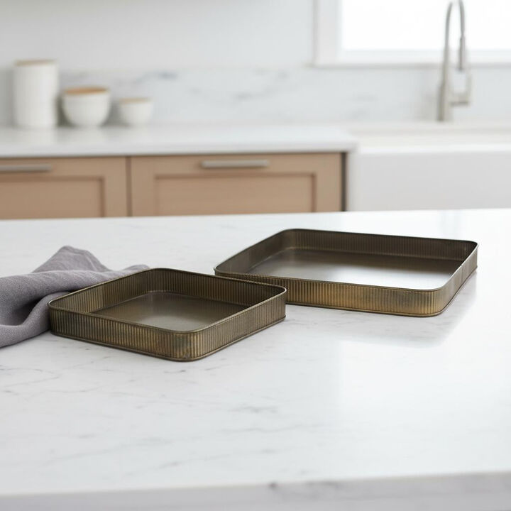 HomeRoots Set of Two Antiqued Brass Metal Handmade Serving Tray