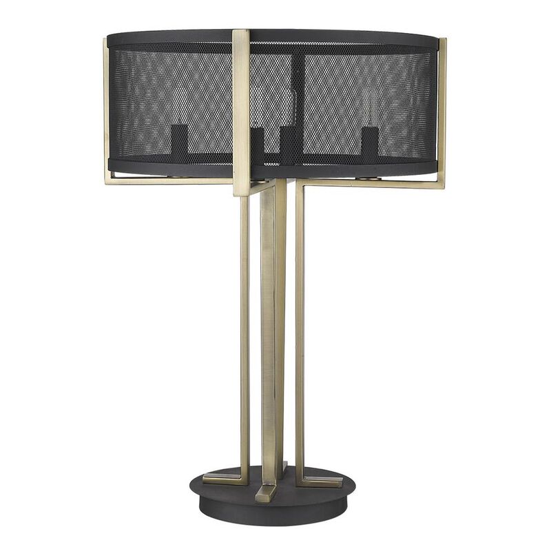 Hivvago 25" Brass Metal Four Light Geometric Table Lamp With Black Drum Shade