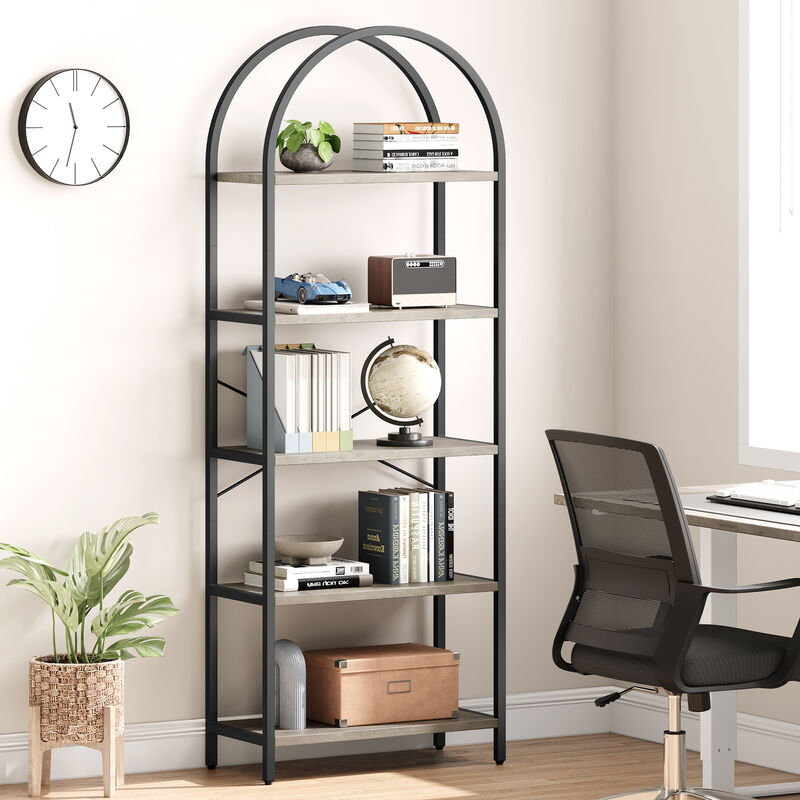 Modern Industrial Arched 5-Tier Open Bookshelf, Curved Metal Frame Freestanding Storage Display Shelf for Living Room, Bedroom & Home Office image number 1