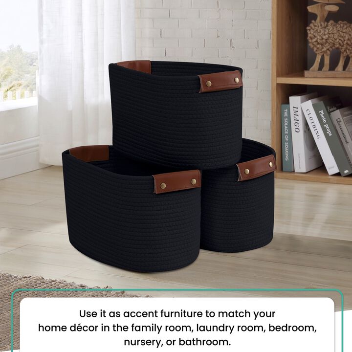 3 Pack Woven Cotton Rope Shelf Storage Basket with Leather Handles