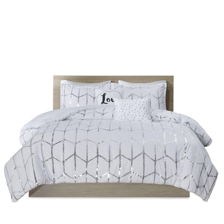 Belen Kox White and Silver Metallic Printed Comforter Set, Belen Kox- Queen