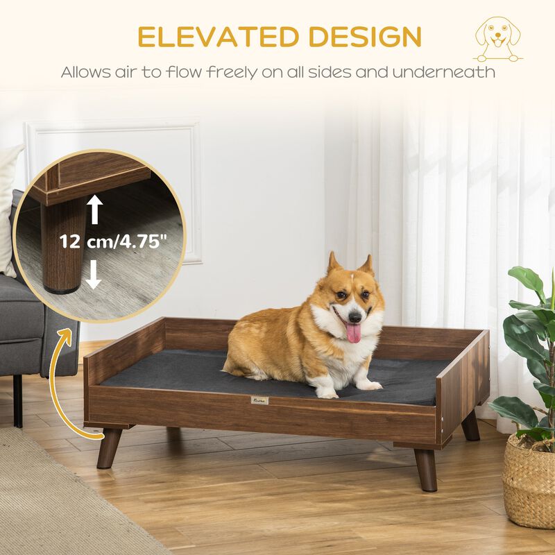 Elevated Dog Bed, Wooden Pet Sofa Raised Dog Couch with Soft Cushion, Removable Washable Cover for Large Dogs and Cats, Brown and Black