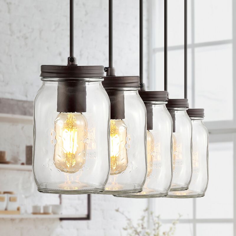 Gaines 5-Light Farmhouse Industrial Iron Mason Jar Linear LED Pendant