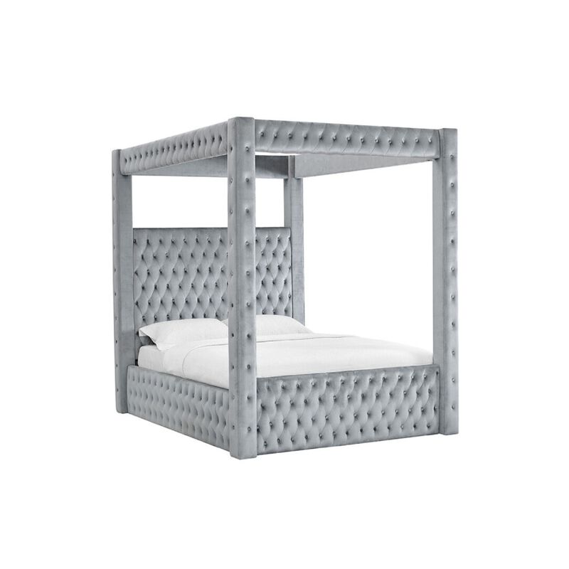 Beli King Size Canopy Bed, Tufted Design, Gray Velvet Upholstery
