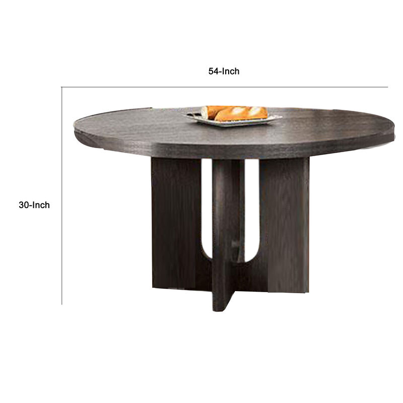 Zoko Round Dining Table, Pedestal Base, Ash Gray, Solid Wood 54 Inch - Benzara