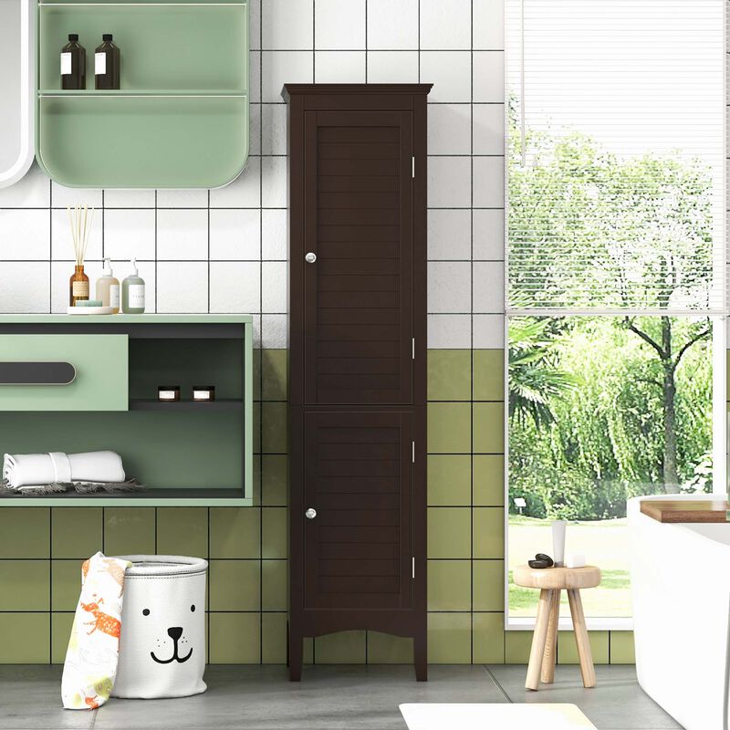 Costway Tall Bathroom Floor Cabinet Narrow Linen Tower with 2 Doors & Adjustable Shelf Grey