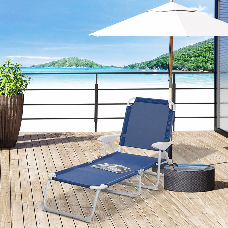 Outsunny Folding Chaise Lounge, Outdoor Sun Tanning Chair, 4-Position Reclining Back, Armrests, Metal Frame and Mesh Fabric for Beach, Yard, Patio, Blue