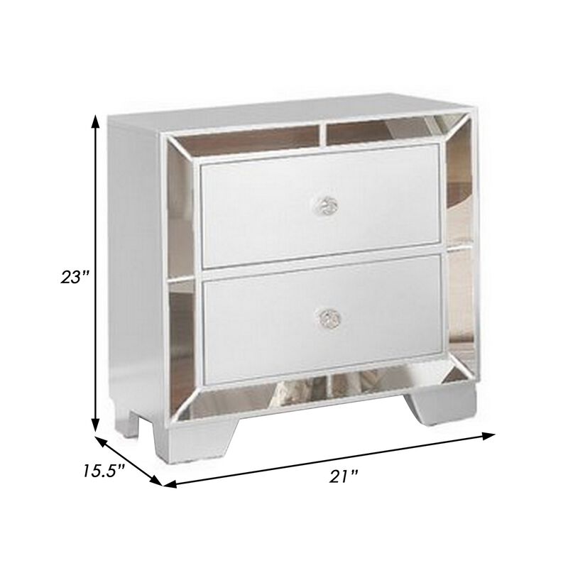 Eli 23 Inch Modern Wood Nightstand, 2 Drawers, Mirrored Edges, Clean White-Benzara