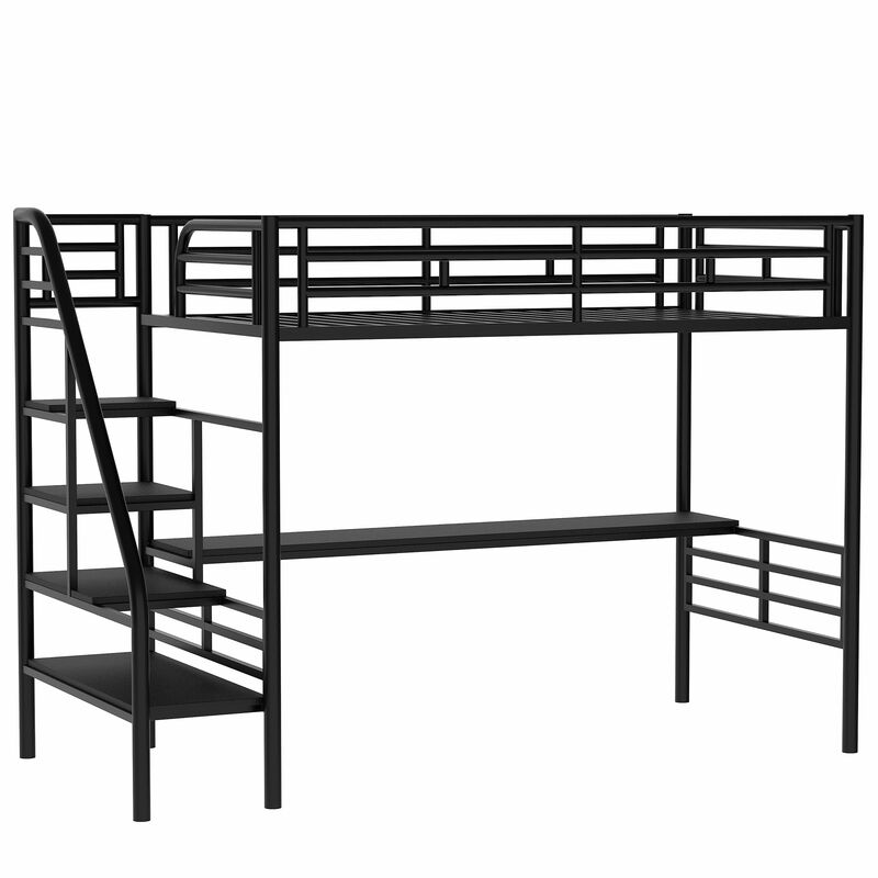 Whisen Metal Loft Bed Frame with Desk, No Box Spring Needed,Twin- Black 