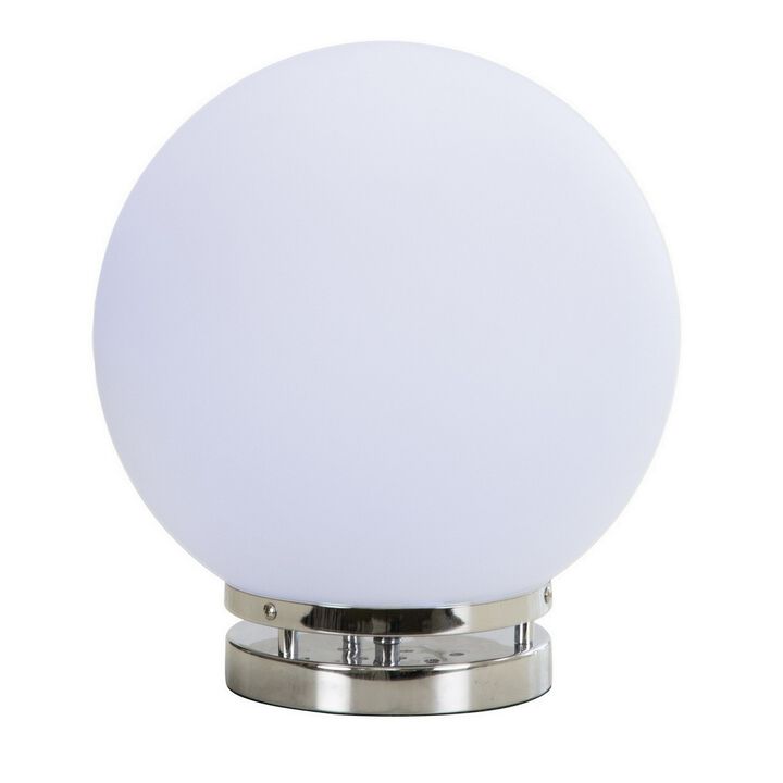 13 Inch Table Lamp, Globe LED Shade, Glass, Frosted White and Chrome -Benzara