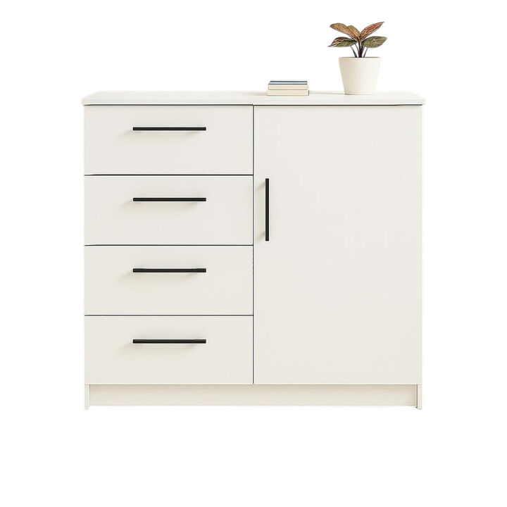 Roby Large Dresser Chest, 4 Drawers w Cabinet, 47 Inch, White Melamine