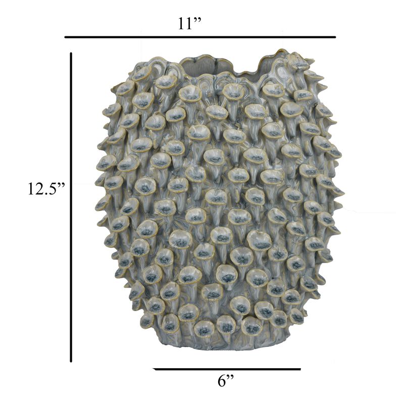 Nina Decorative Bowl, Light Blue, Textured Coral Gray Ceramic, 13 Inch - Benzara