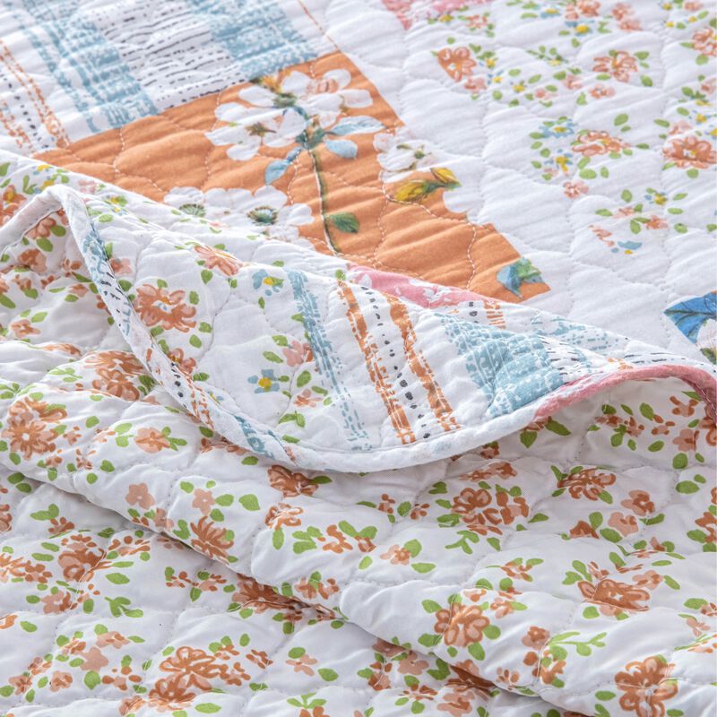 Vanie 3pc King Quilt Set, Pillow Shams, Scalloped, Blue White Pink Cotton - Benzara