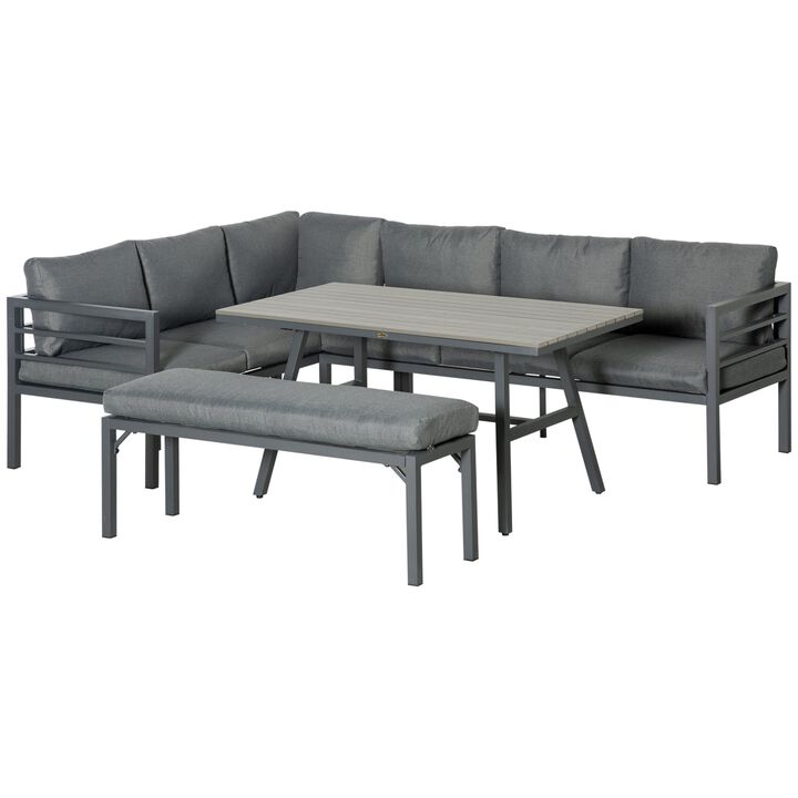 4 Piece Patio Furniture Set Aluminium Outdoor Dining Sofa Set Sectional Conversation Set w/ Bench, Dining Table & Cushions, Grey
