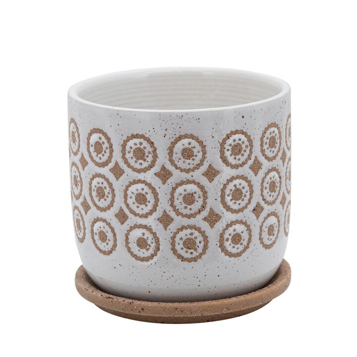 Ceramic Planter with Floral Motif Pattern and Saucer, Beige and White- Benzara