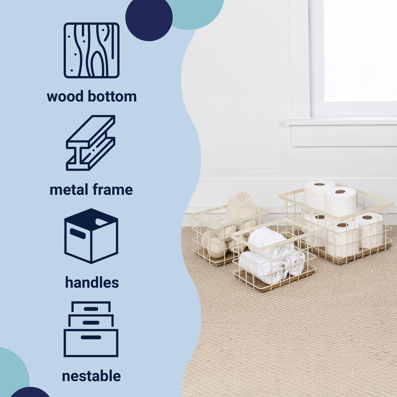 Evvie Vintage Farmhouse Handmade Wire Metal Nesting Storage Baskets with Wood Base