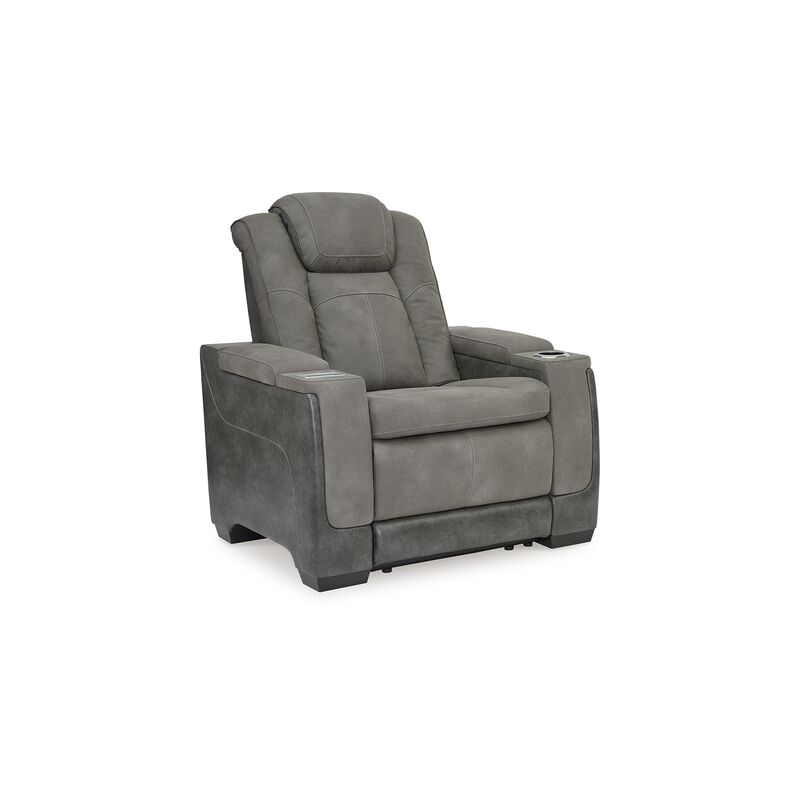 Corbin Power Recliner Chair, 39in, Gray Faux Leather, Wireless Charger - Benzara