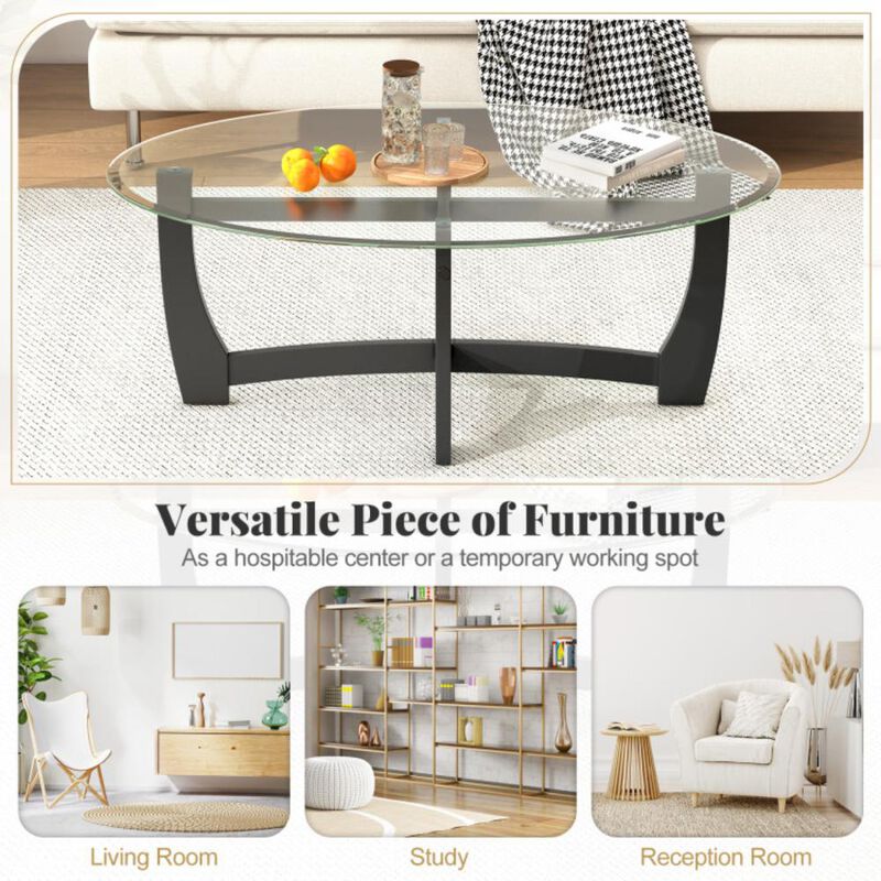 Hivvago Oval Coffee Table with Tempered Glass Tabletop and Rubber Wood Legs