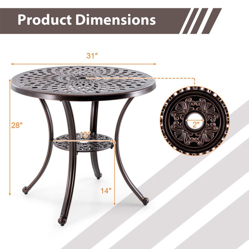 31" Round Cast Aluminum Patio Bar Table with 2" Umbrella Hole image number 1