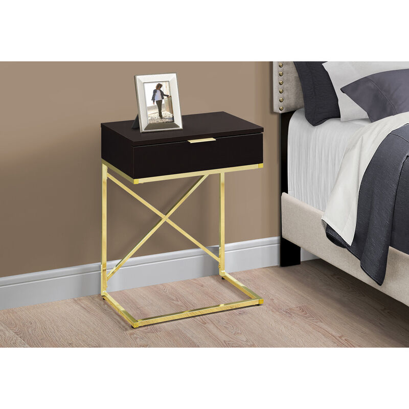 Monarch Specialties I 3476 Accent Table, Side, End, Nightstand, Lamp, Storage Drawer, Living Room, Bedroom, Metal, Laminate, Brown, Gold, Contemporary, Modern image number 4