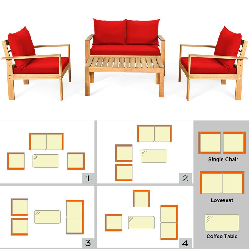 Outdoor 4 Pieces Acacia Wood Chat Set with Water Resistant Cushions-Red image number 5