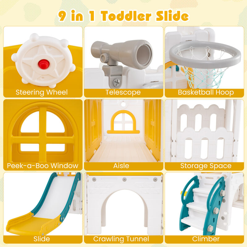 L-Shaped 9 in 1 Toddler Slide with Basketball Hoop and Steering Wheel for Kids image number 6