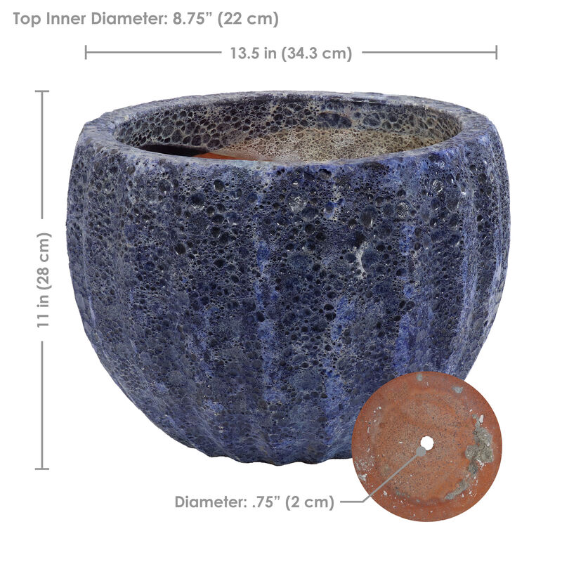 Sunnydaze 13.5" Fluted Lava Finish Ceramic Planter - Dark Blue