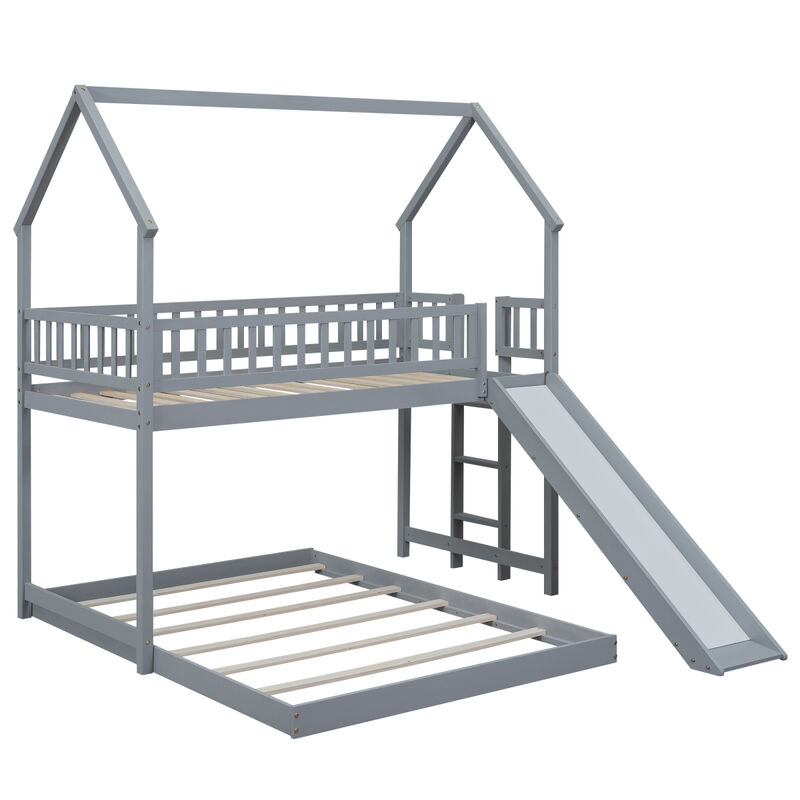 Twin Over Full House Bunk Bed With Slide And Built-In Ladder, Full-Length Guardrail