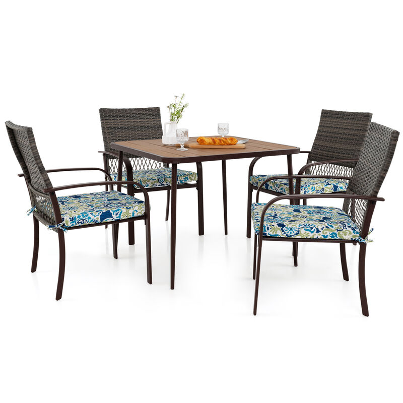 Outdoor 5-Piece Dining Set – 4 Rattan Armchairs with Cushions & Square Table