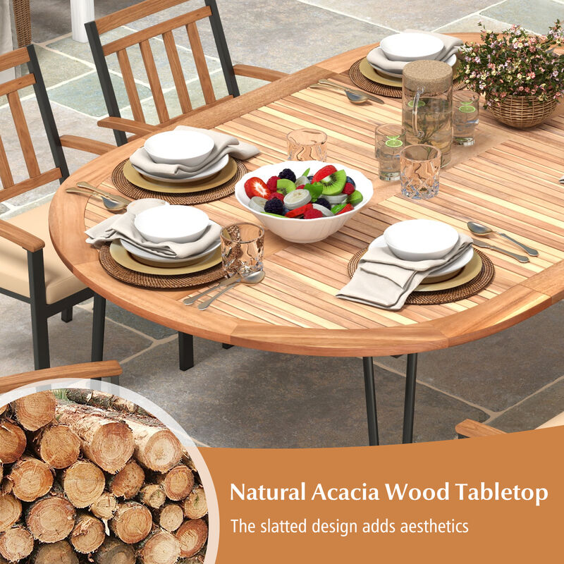 79 Inch Oval Patio Dining Table with Umbrella Hole and Acacia Wood Tabletop for 8 People image number 3
