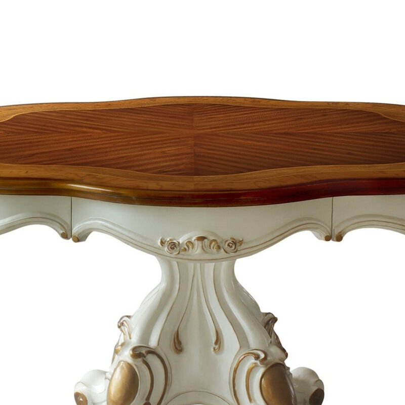 Wooden Top Dining Table With Pedestal Feet, Antique Pearl & Cherry Oak - Benzara