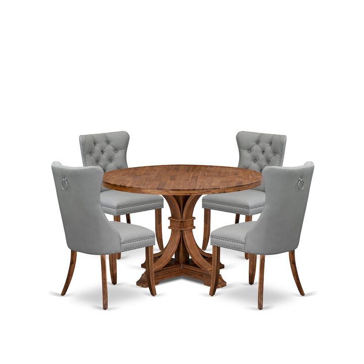 5-Pc Dining Room Set Include A Wooden Table And 4 Light Gray Upholstered Chairs