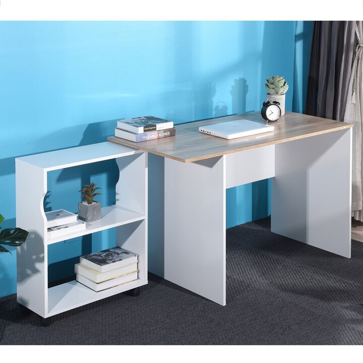 Computer Desk with Movable Bookcase, Oak & White