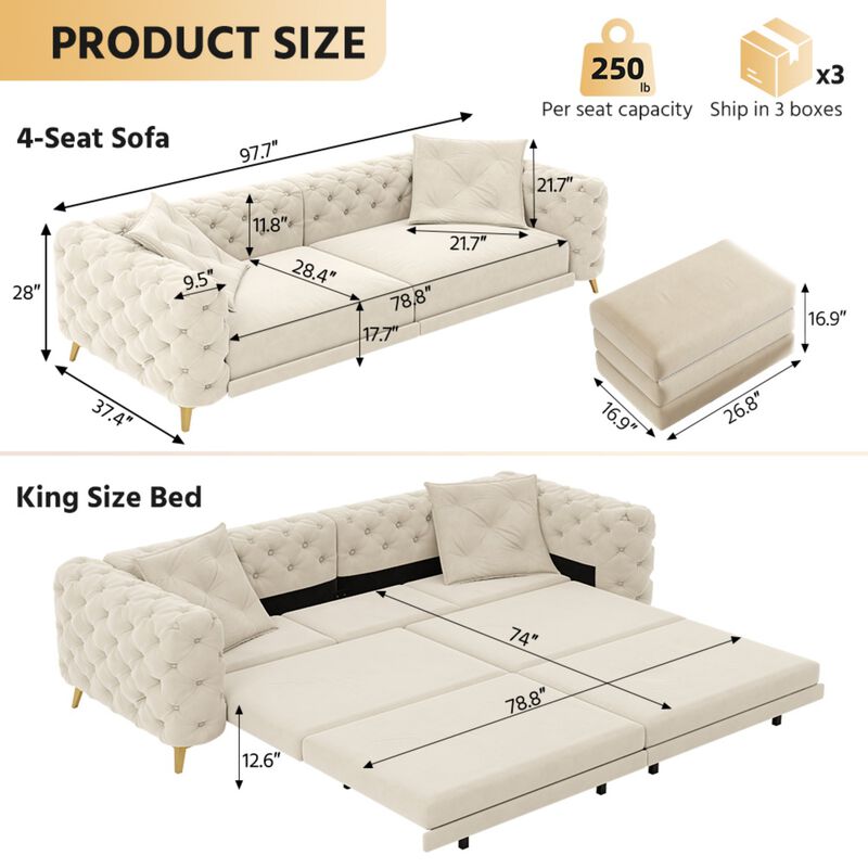Whisen 97.7" 4-Seat Convertible Sleeper Sofa, Velvet 3-in-1 with Ottoman for Apartment Office image number 9