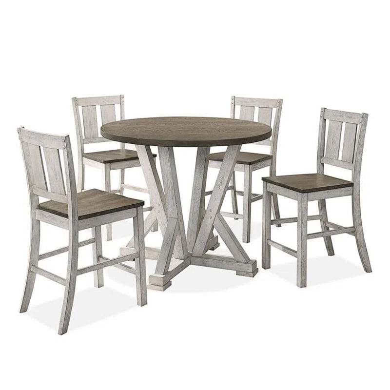 Koe 5pc Counter Height Round Table, Chair Set, White Brown Solid Wood