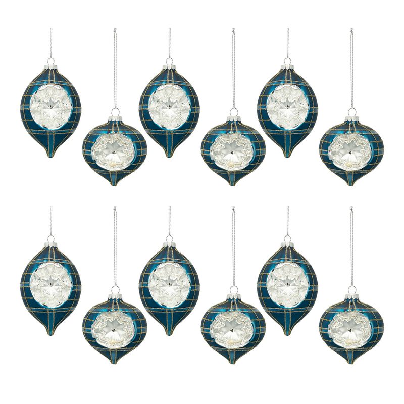 Set of 12 Glass Plaid Reflector Ornaments for Seasonal Styling and Tree Trimming