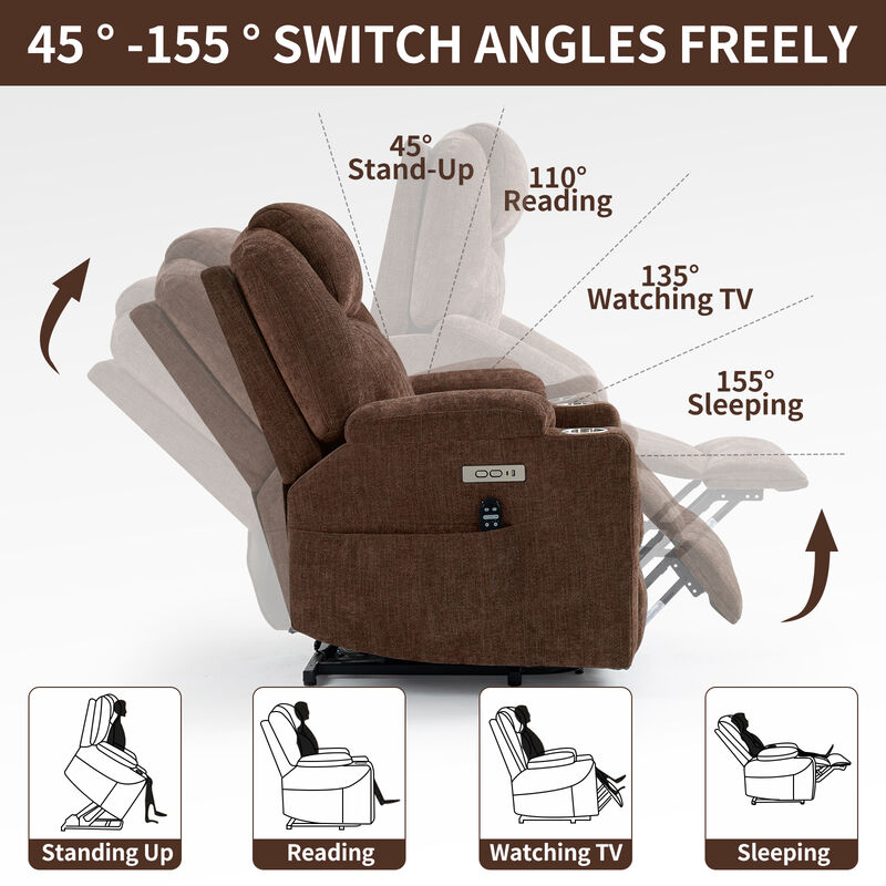 Chenille Power Lift Recliner Chair, Heavy Duty Motion Mechanism with Massage and Lumbar Heating, USB and Type-C Ports