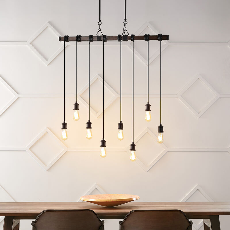 Rhys 8-Light Vintage Industrial Driftwood Iron LED Linear Chandelier with Height Adjustable Bulbs