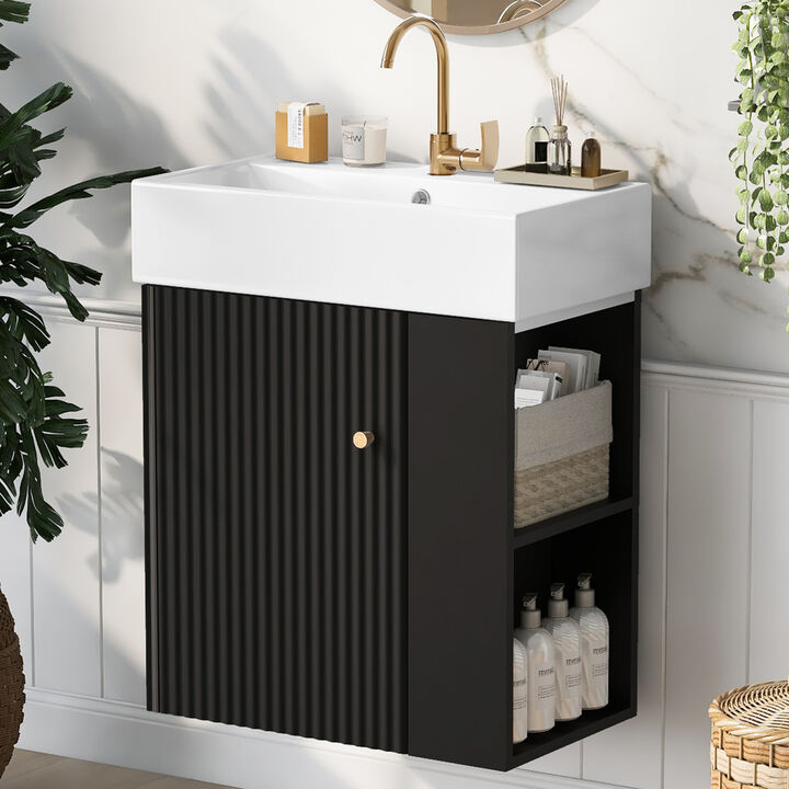 ELEMENT ACE Compact Floating Bathroom Vanity with Ceramic Basin - Space Saving Wall Mounted Storage Cabinet for Small Bathrooms