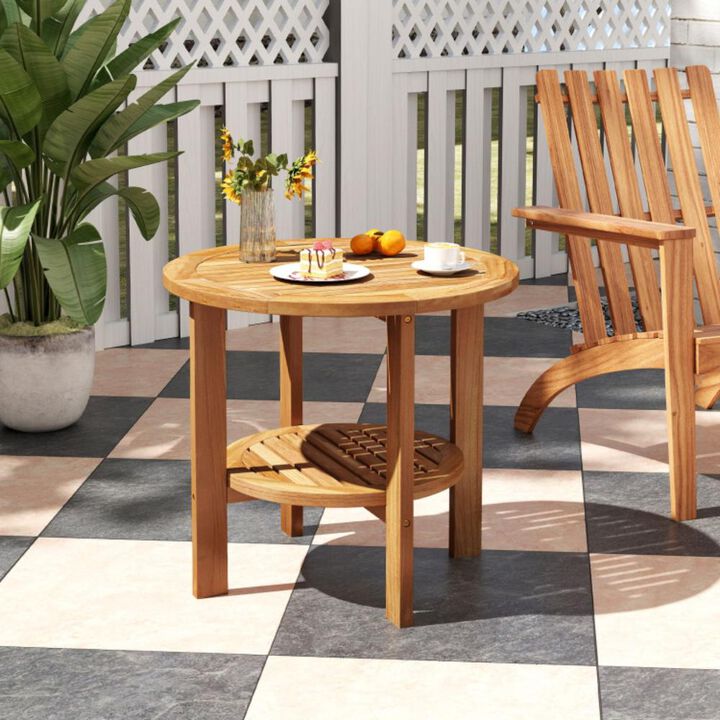 Hivvago Outdoor Teak Wood Round Side Table Patio End Table with Slatted Storage Shelf
