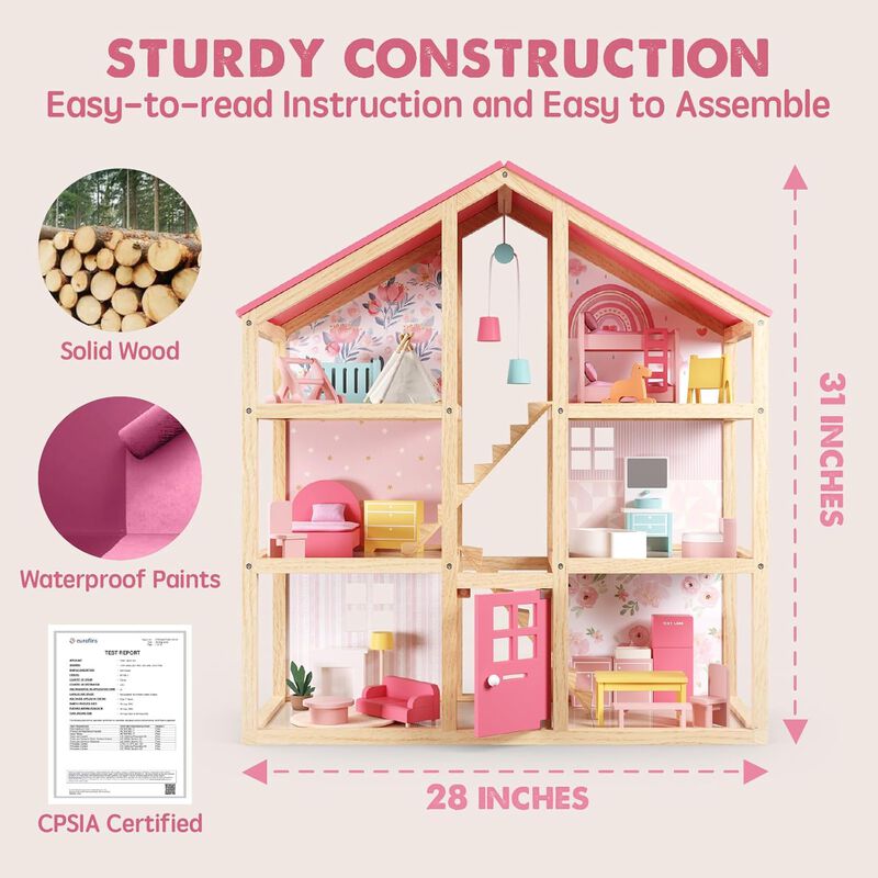 Wooden Dollhouse - 6 Rooms Wooden Doll House, DIY Pretend Doll House with 31Pcs Furniture Accessories, Creative Gift for Girl image number 2