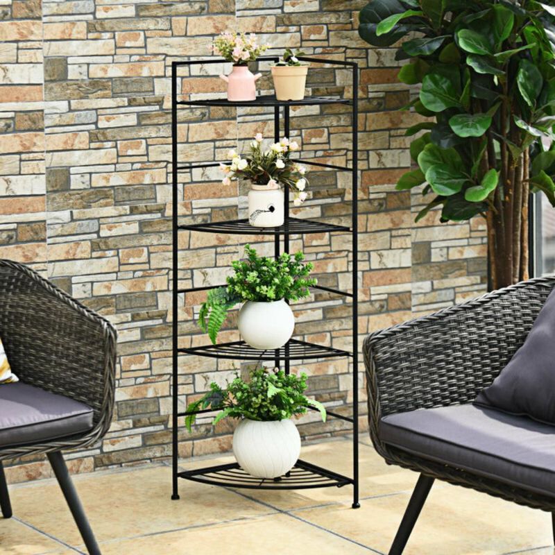 Hivvago 4 Tier Folding Metal Shelf Plant Stand Storage Open Shelf Corner Display Rack