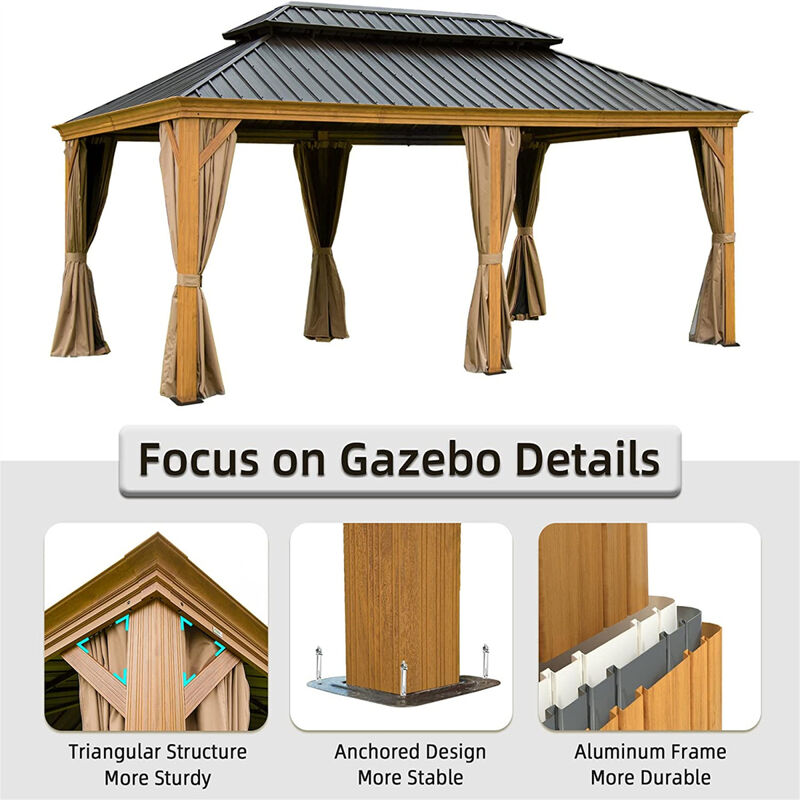 12'x 20' Hardtop Gazebo Outdoor Aluminum Wood Grain Gazebos with Galvanized Steel Double Canopy for Patios Deck Backyard, Curtains&Netting (Wood-Looking)
