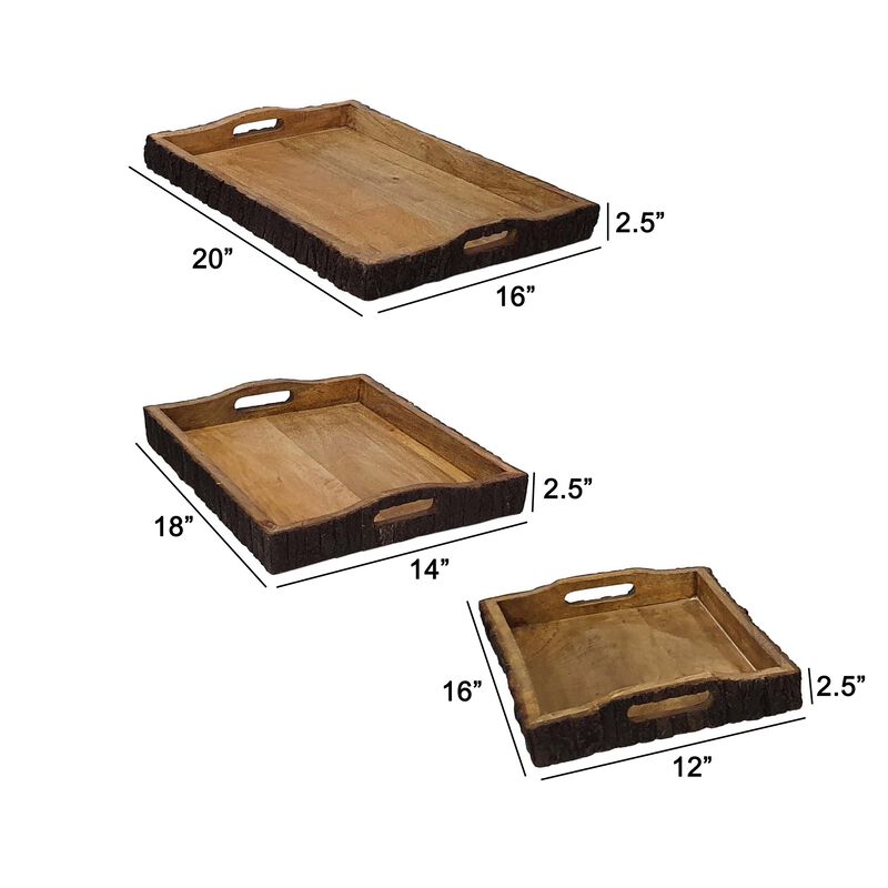 20, 18, 16 Inch Set of 3 Wood Serving Trays, Tree Bark Accent, Natural Brown - Benzara image number 4