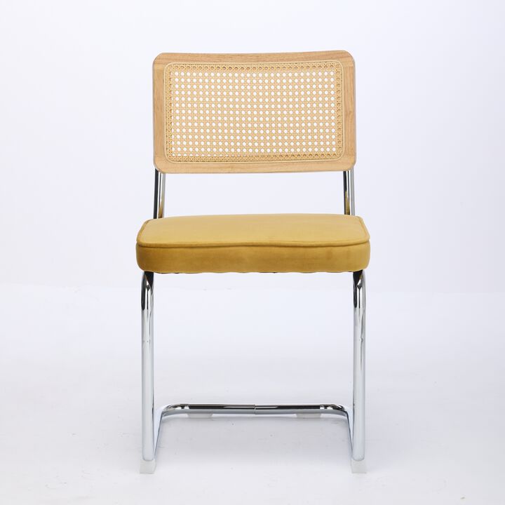 Whisen 2-Piece Mid Century Dining Chairs, Velvet Upholstered with Cane Back & Chrome Base, Cantilever Design for Kitchen