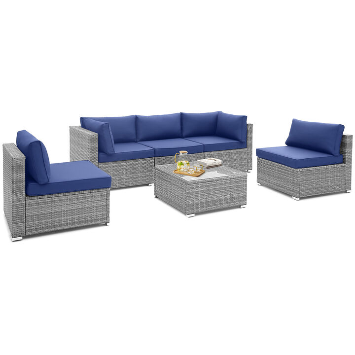 6 Piece Patio Conversation Sofa Set with Tempered Glass Coffee Table-Navy